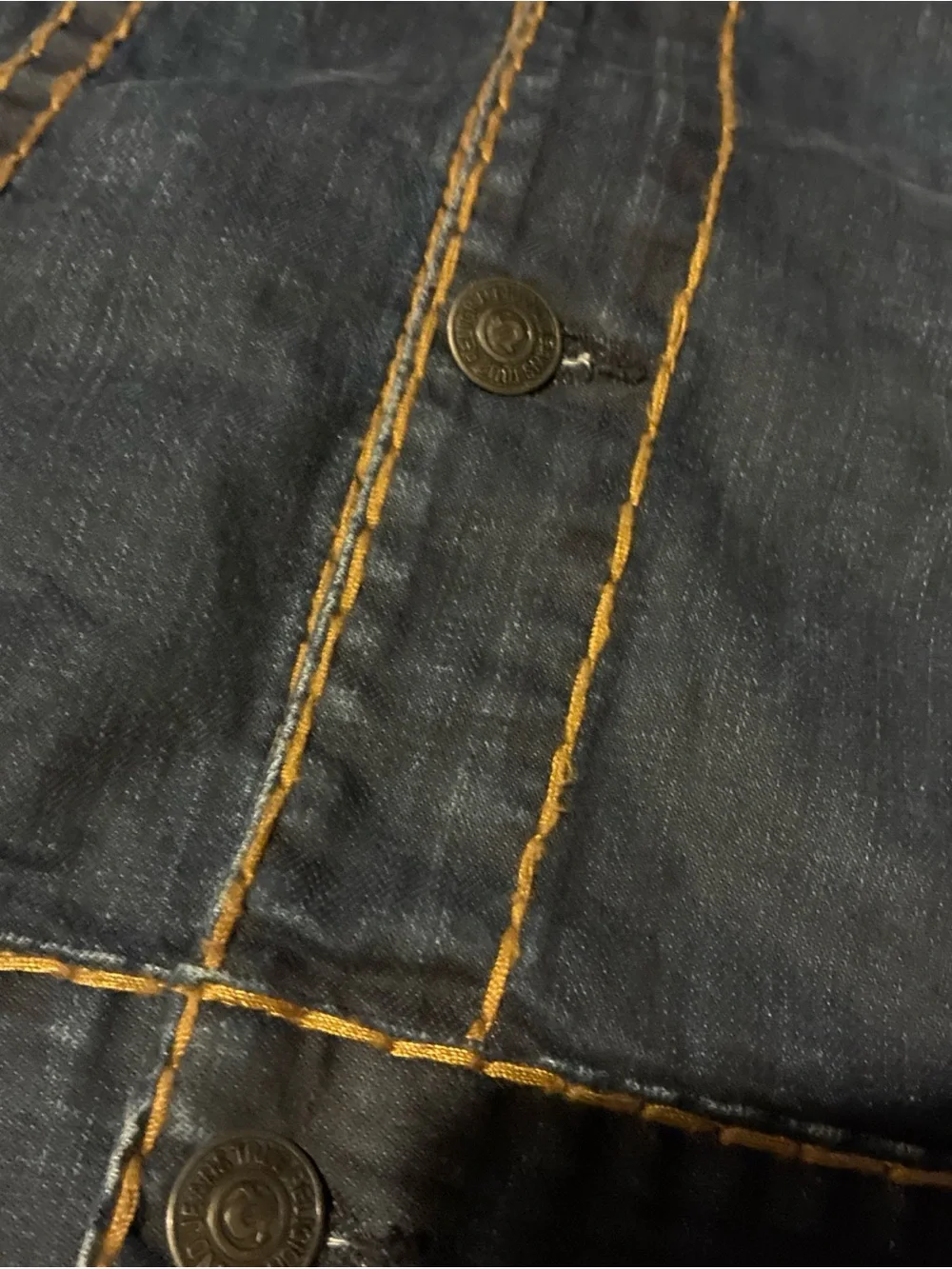 True Religion Men’s Denim Trucker Jacket XXL Big T Thick Stitch Blue Button Up